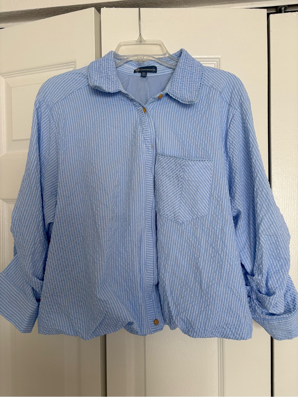 Democracy Blue and White Pinstripe Top